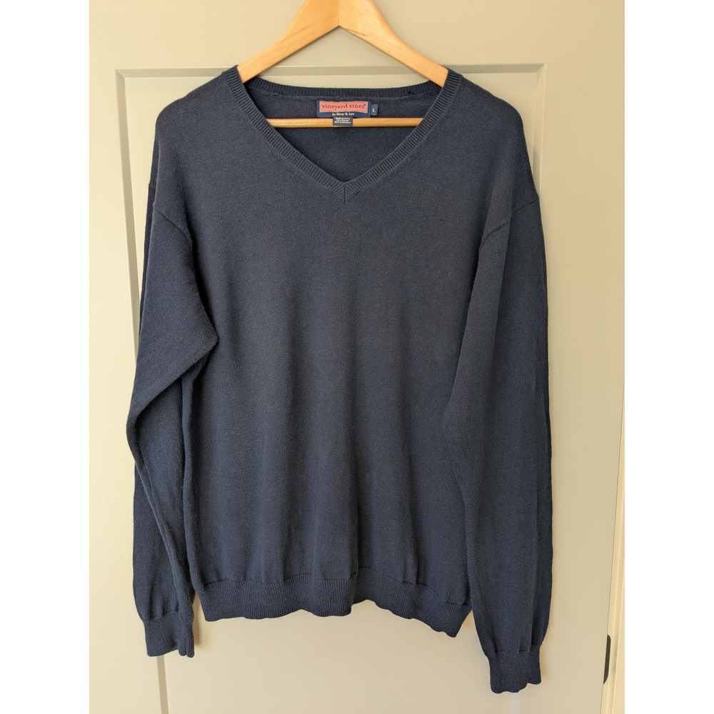Vineyard Vines Mens V Neck Sweater Size L Navy Blue Cotton Cashmere Blend READ